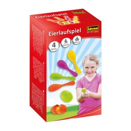 Idena 40074 - Geschicklichkeitsspiel Eierlaufen, mit 4 Eiern und 4 Löffeln, perfekt für drinnen und draußen, Partys und Sportfeste