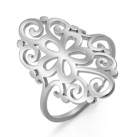 TEAMER Elegant Filigree Flower Ring Stainless Steel Vintage Rhinestone Flower Ring Wedding Band Ring for Women, Stainless Steel, Rhinestone