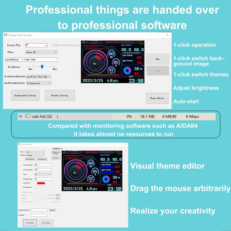 WOWNOVA English Version Computer Temp Monitor, ARGB PC Case Display,