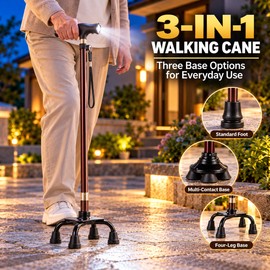 3-in-1 Adjustable Elders Walking Cane for Daily Mobility – Interchangeable Anti-Skid Bases with LED Light for Indoor & Outdoor Use