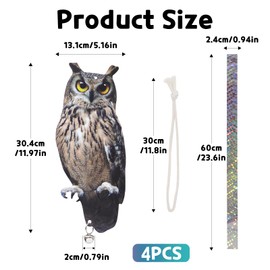 Fake Owl Decoy to Frighten Birds, 4Pack Pigeon Deterrent Bird Scarer Reflective Owl Hanging Decoration Garden Owls Bird Scare Devices for Garden Patio Windows