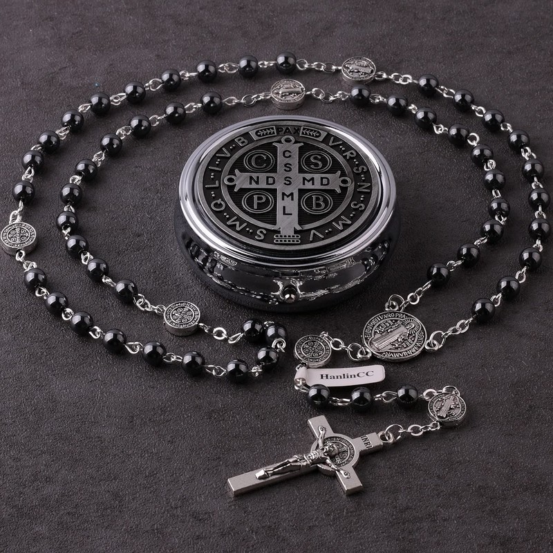 HanlinCC 6mm Hematite Stone Black Beads Catholic Saint Benedict Rosary