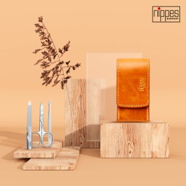 nippes Solingen Manicure Set Cognac 3-Piece Cowhide Leather Case with Press Stud Nail Care Set Made in Germany