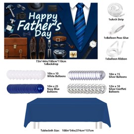 Father's Day Decorations Party Supplies Kit. 73x44in Happy Fathers Day Backdrop, 60 Premium Balloons & Tablecloth, Dad Theme Party Arch Kit for Home Wall Photo Photography