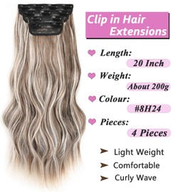 Samtress Clip in Hair Extensions 20 Inch 4 PCS Brown Mixed Ash Blonde Hair Extensions Long Wavy Clip Extension Synthetic Fiber Hairpieces Hair for Women (#8H24)
