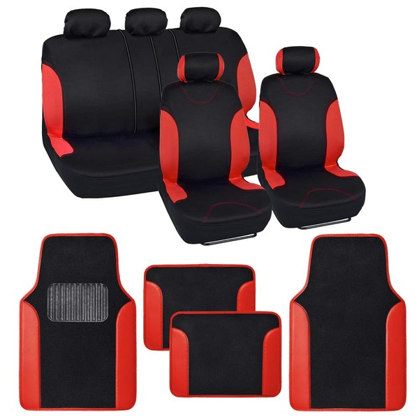 BDK Combo Double Trim Car Seat Covers (2 Front 1 Bench) Auto Carpet Floor Mats (4 Set) with Heavy Protection Interior Covers Two Tone Fresh Design All Protective - Red Accent