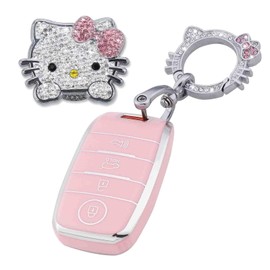Pangpai Pink Car Accessories 3 Pcs for Kia Forte Koup Niro Optima Rio Sorento Soul Sportage Key Fob Cover with Bling Keychain Cute Push to Start Button Cover