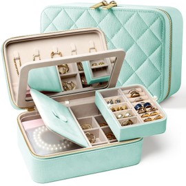 Lumayina Velvet Travel Jewelry Box with Large Mirror, Double-Layer Jewelry Organizer Case for Women and Girls, Portable Storage Case with 6 Anti-Tarnish Bags Gift Ready for Her (Mint Green)