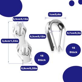 Duplex Wire Rope Clamp, Duplex Wire Rope Clamp 3 mm Rope Connector, M3 Wire Rope Clamp, 32-Piece Duplex Wire Rope Set (including 16 Wire Rope Clips and 16 Wire Rope Protection Rings), Suitable for