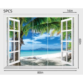 FLFK Fake Window Wall Mural - Beach Palm Trees Faux Window Wall Sticker for Wall Decor, Stick and Peel Wall Decals,80"x60",Set of 5 Sheets