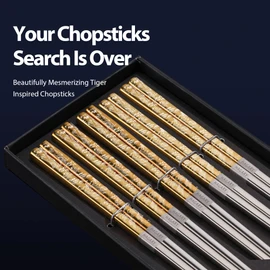 Hagary Tiger Chopsticks Metal Chopsticks Reusable Designed In Korea Japanese Style Stainless Steel 316 18/10 Non-Slip Dishwasher Safe Laser Etched (Gold - 5 Pairs)