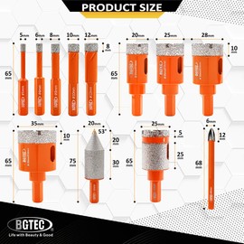BGTEC Diamond Hole Saw Kit Marsonry Drill Bits,12pcs 5/6/8/10/12/20/25/28/35mm Hex Shank+6mm Carbide Drill+20mm Beveling Chamfer Bit+25mm Milling Finger Bit for Granite Marble Porcelain Tile Ceramic