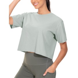 THE GYM PEOPLE Workout Crop Tops for Women Short Sleeve Shirts Loose Fit Yoga Athletic Basic Cropped T-Shirts Grey