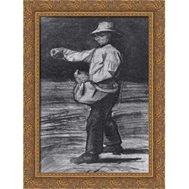 Man Feeding Chickens Or Sowing 18x24 Gold Ornate Wood Framed Canvas Art by Vincent van Gogh