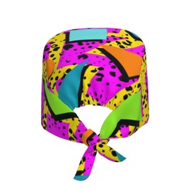 Retro 80s Geometric Working Cap with Sweatband Unisex Breathable Scrub Cap Adjustable Elastic Bandage Tie Back Hats