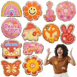 DBChan Peace Iron-on Chenille Flower Patches, Cartoon Butterfly Embroidered Patch, Cute Decorative Applique for Jacket Backpack Clothes Hat