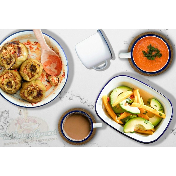 Vintage Gourmet ® Premium White Enamelware with Blue Rim, Oblong,