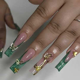 Foccna Press on Nails Long Rhinestone Green Fake Nails French Nails Square Bling Glossy 3D Butterfly False Nail Tips Artificial Nails Finger Manicure for Women and Girls 24pcs