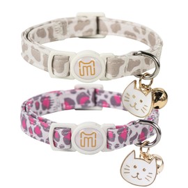 Maca Bates 2 Pack Cat Collar with Bell Leopard Print Cow Print Collars Cute Durable Soft Pretty Funny Pink White Colar for XS Small Medium Large Adult Boy Male Girl Female Cats
