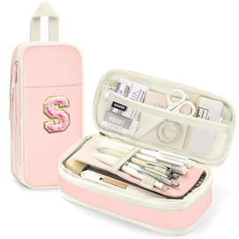 Preppy Pencil Case for Girls, Large Initial Pencil Pouch for School Supplies, Portable Pink Pencil Bag with Zipper, Cute Aesthetic Pencil Box, Compartments Stationary Organizer for Kids Teens Adults