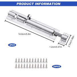 Door Security Slide Latch Lock, 4PCS 6 Inch Stainless Steel Sliding Door Latch with Screws, Barrel Bolt Latch, Slide Door Bolt for Home Yard Garden(Silver)