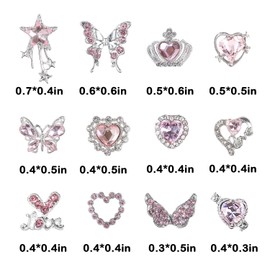 Pink Nail Charms for Acrylic Nails Alloy 3D Shiny Metal Butterfly, Heart, Star, and Bow Charms for Nails Gems Nail Rhinestones Crystal Nails Art Jewels Supplies for DIY Manicure Accessories 24 PCS