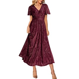 Simplee Women's Semi Formal Wedding Guest Velvet Maxi Dress Burnout Floral Empire Waist V Neck Short Sleeve Long Dress (Burgundy Floral M)