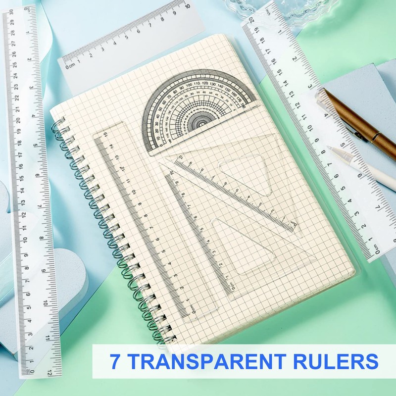 7 Pieces Plastic Ruler, Transparent Precision Ruler, Double Sided Ruler