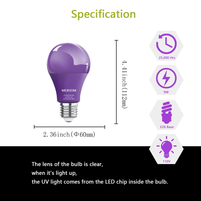 mfxmf 4 Pack A19 LED Black Light Bulbs,9W (100W Equivalent)
