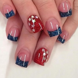 4th of July Press on Nails Short Square Red Fake Nails USA Independence Day Design Glue on Nails Blue French Tip Acrylic Nails Artificial False Nails 24 Pcs