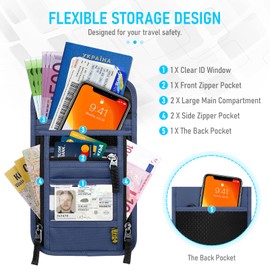 WACCET Neck pouch for men and women with RFID protection, travel neck pouch with multiple pockets, hidden travel purse, chest pocket for cash, cards, keys and passport, etc, darkblue
