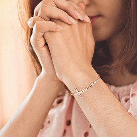 God is Within Her She Will not Fall Psalm 46:5 Religious Rose Gold Bracelets for Women Christian Cross Cuff Baptism Faith Bible Verse Jewelry Birthday Christmas Gift