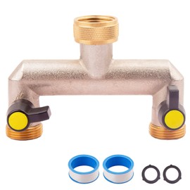 Brass Garden Hose Splitter, 2 Way Faucet Diverter with 2 Extension Handles, Outdoor Hose Splitter, Heavy Duty Nickel Plated, GHT 3/4-Inch Female Inlet and 3/4-Inch Male Outlet, Small