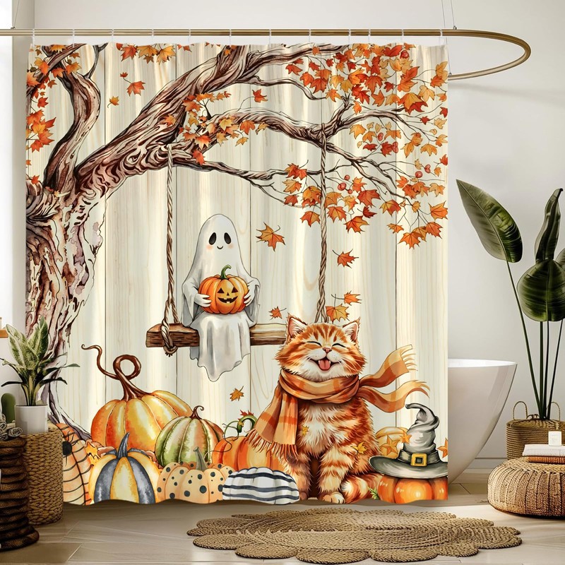 AEMBEE Fall Halloween Shower Curtain Cute Cat with Ghost Thanksging