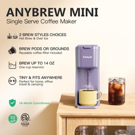 Tastyle Mini Hot and Iced Coffee Maker Single Serve, for K Cup and Ground, 6 to 14 Oz Brew Sizes, with Recipe Book, for Home, Travel, RV, Office and Dorm, Violet
