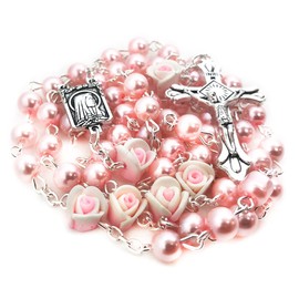 Angelic Pink Rose Rosary Beads Catholic for Women - Catholic Gifts - Rosary Necklace for Women