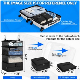AKOZLIN Portable Hanging Travel Shelves Bag 3-Shelf Packing Cubes Organizer with Hanging Shelves Carry-On Closet Suitcase Large Capacity Collapsible Black