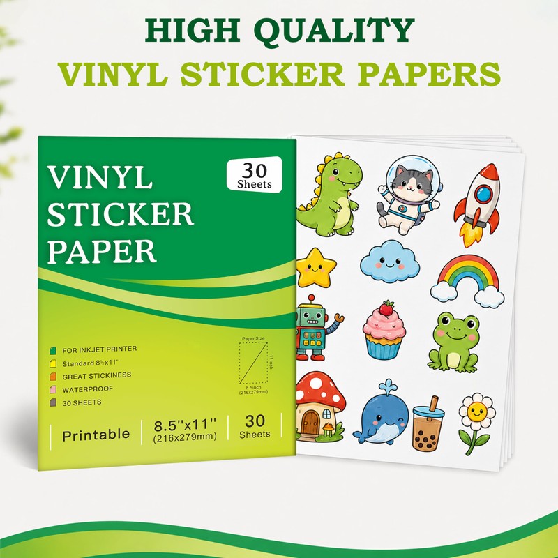 Aevdor 30-Sheet Glossy White Printable Vinyl Sticker Paper, 8.5x11, Inkjet