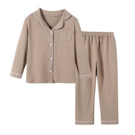 Trsenvrml Girls Boys Pajamas Set Kids Long Sleeve PJS Button Down Solid Color Sleepwear Turn Down Collar Pyjamas (Brown, 12-14 Years