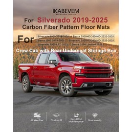 Carbon Fiber Pattern Floor Mats Fit for Chevy Silverado 1500/ for GMC Sierra 1500 2019-2025 & for Chevy Silverado/GMC Sierra 2500HD/3500HD 2020-2025 Crew Cab with Rear Under-Seat Storage, Grey