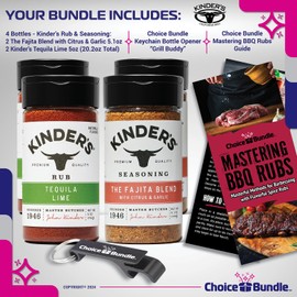 Tequila Lime Rub, The Fajita Blend Seasoning with Citrus and Garlic Premium BBQ Barbecue 4 Pk Choice Bundle (20.2 oz) + BBQ Guide & Opener (6 Items)!