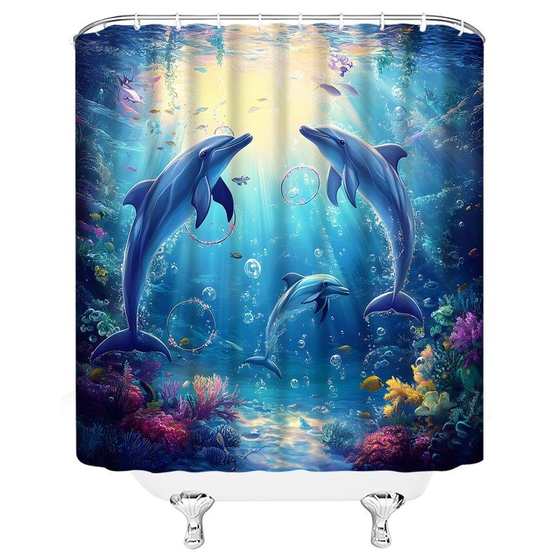 UEAUUN Funny Dolphin Shower Curtain Underwater World Tropical, 70x70 Inch
