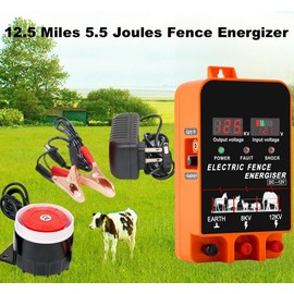 Electric Fence Energizer, 5.5 Joules 200 Acres Electric Fence Charger, AC & DC Power Supply, Output 8KV 12KV for Cattle Cow Horse Goat Pig Livestock, with Alarm and Remote