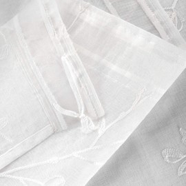 Woltu #1895-2 Set of 2 Transparent Curtains, Embroidered Flowers, with Ruffle Tape, Linen Look, Double Pack Voile Window Curtains, Decorative Curtains for Living Room, Bedroom