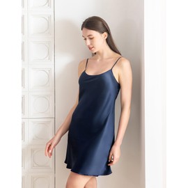 THXSILK - Camisón de seda para mujer, 100 % real, 19 momme, de seda de morera, cuello redondo, tirantes delgados, Azul marino, XL