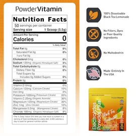 PowderVitamin Electrolitos en polvo Plus (50 porciones) Limonada de té negro, electrolitos en polvo, cetogénico, cero calorías, 0 azúcares, sin...    
