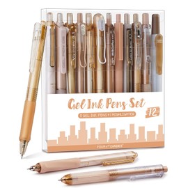 Four Candies 12 Pastel Gel Ink Ballpoint Pens Set of 11 Gel Ball Pens & 1 Highlighter Retractable 0.5mm Cute Easy to Stick Note Taking Pen for School Office (Brown)
