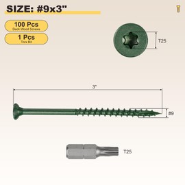 METALLIXITY Deck Screws (#9x3) 100Pcs, Carbon Steel Wood Screw Decking Screws with T25 Torx Drive Head - for Wood Fence, Table, Chairs, Green