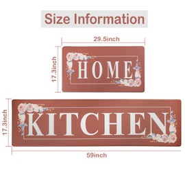 PCSWEET HOME Floral Kitchen Mats for Floor 2 Piece Anti Fatigue Mats for Kitchen Floor,Kitchen Rugs Non Slip Washable Memory Foam Kitchen Mat for Home,Office 17.3"x30"+17.3"x59",Coral Red
