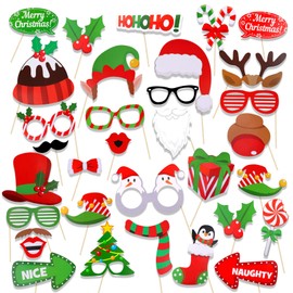 HOWAF Christmas Photo Booth Props Kit, 32pcs Funny Christmas Face Masks Selfie Props for Kids Adult Christmas Games Decoration Supplies, Elf Antler Santa Hat Moustache Nose Glasses Lip Photo Props